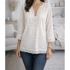 J.Jill White Eyelet Lace Top Women S Cotton Boho Cottagecore Peasant Blouse